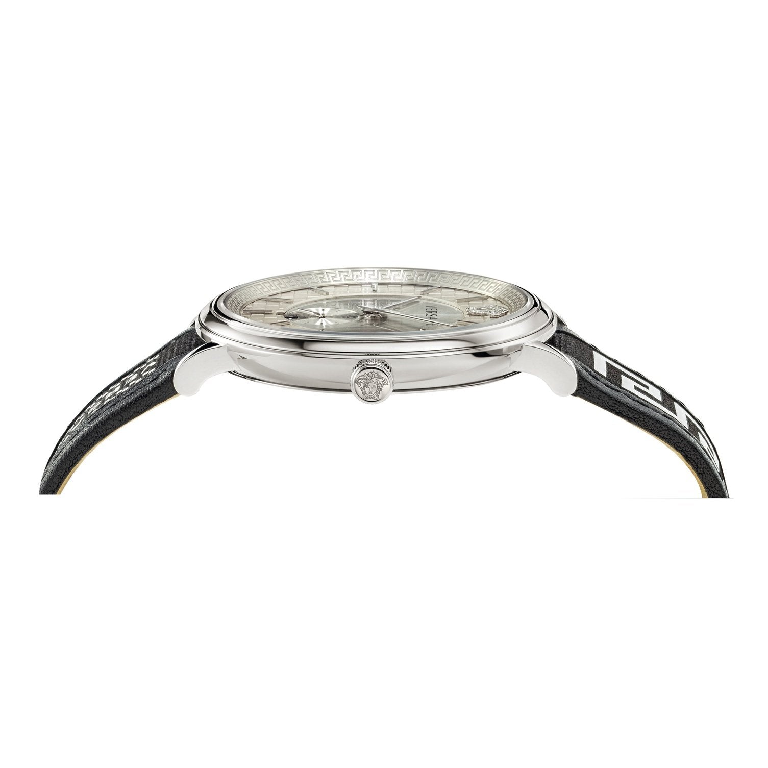 Versace V-Circle Silver Dial Black Leather Strap Watch for Men - VEBQ01219