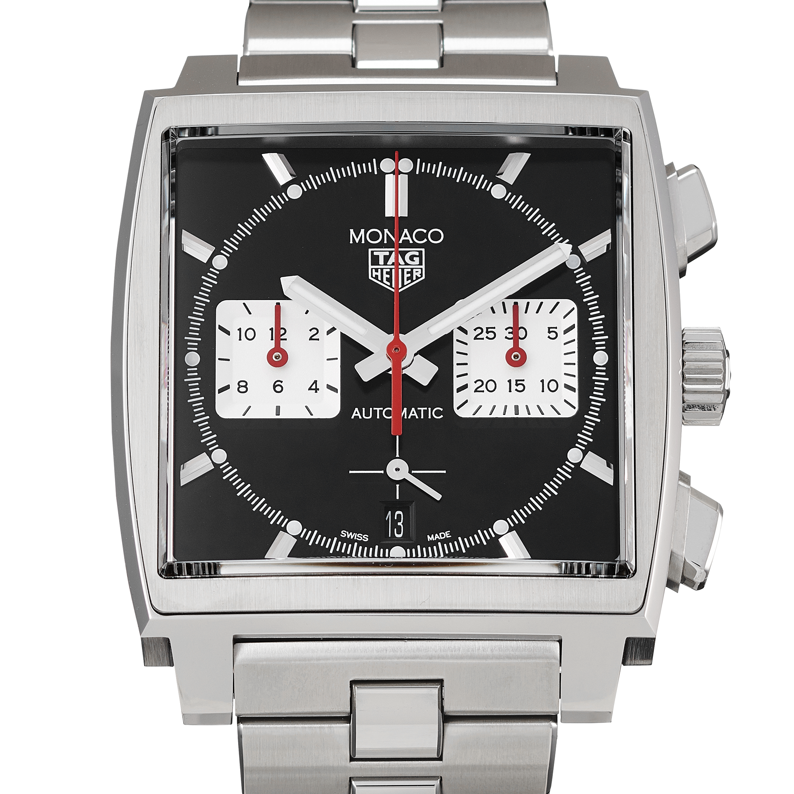 Tag Heuer Monaco Automatic Chronograph Black Dial Silver Steel Strap Watch for Men - CBL2113.BA0644