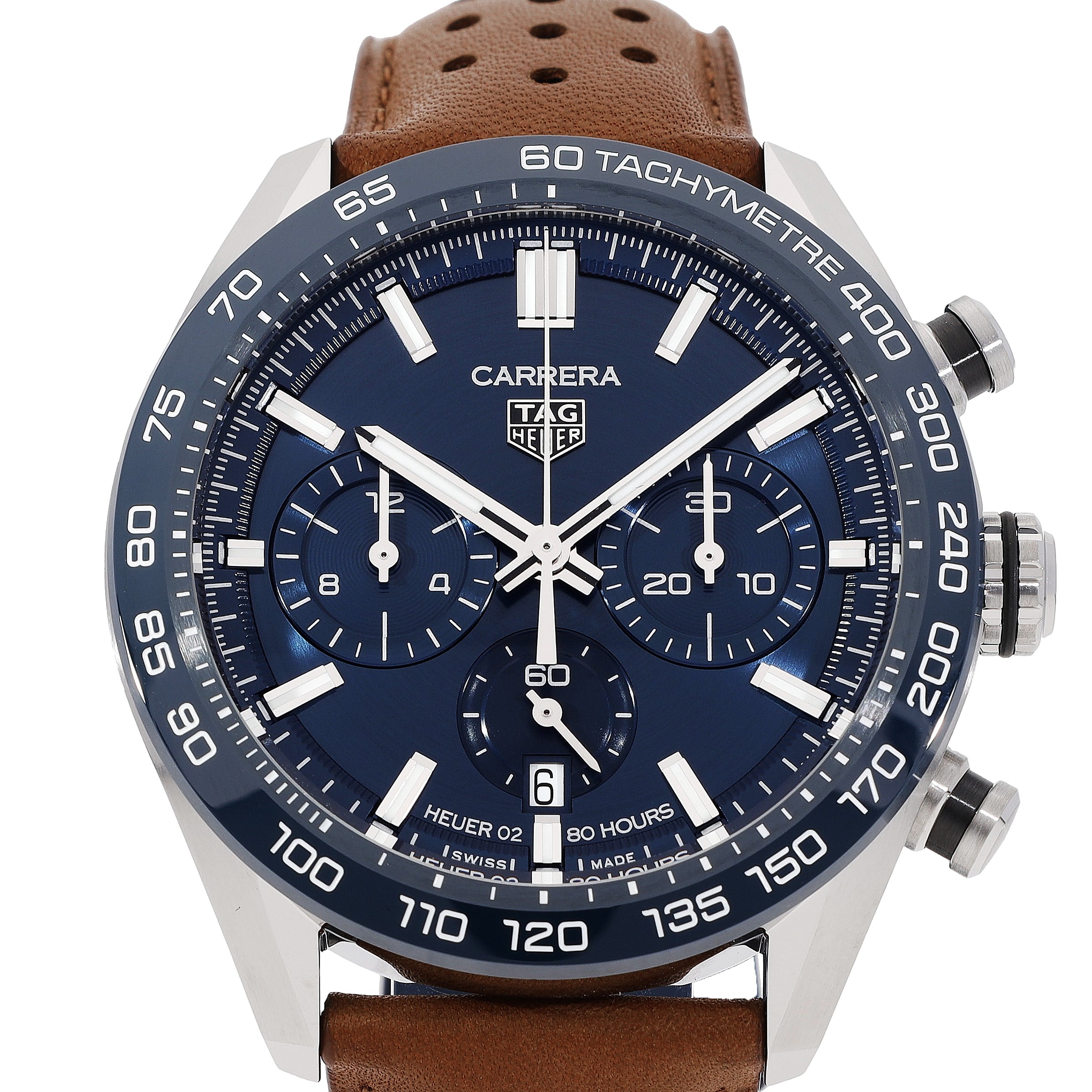 Tag Heuer Carrera Automatic Chronograph Blue Dial Brown Leather Strap Watch for Men - CBN2A1A.FC6537