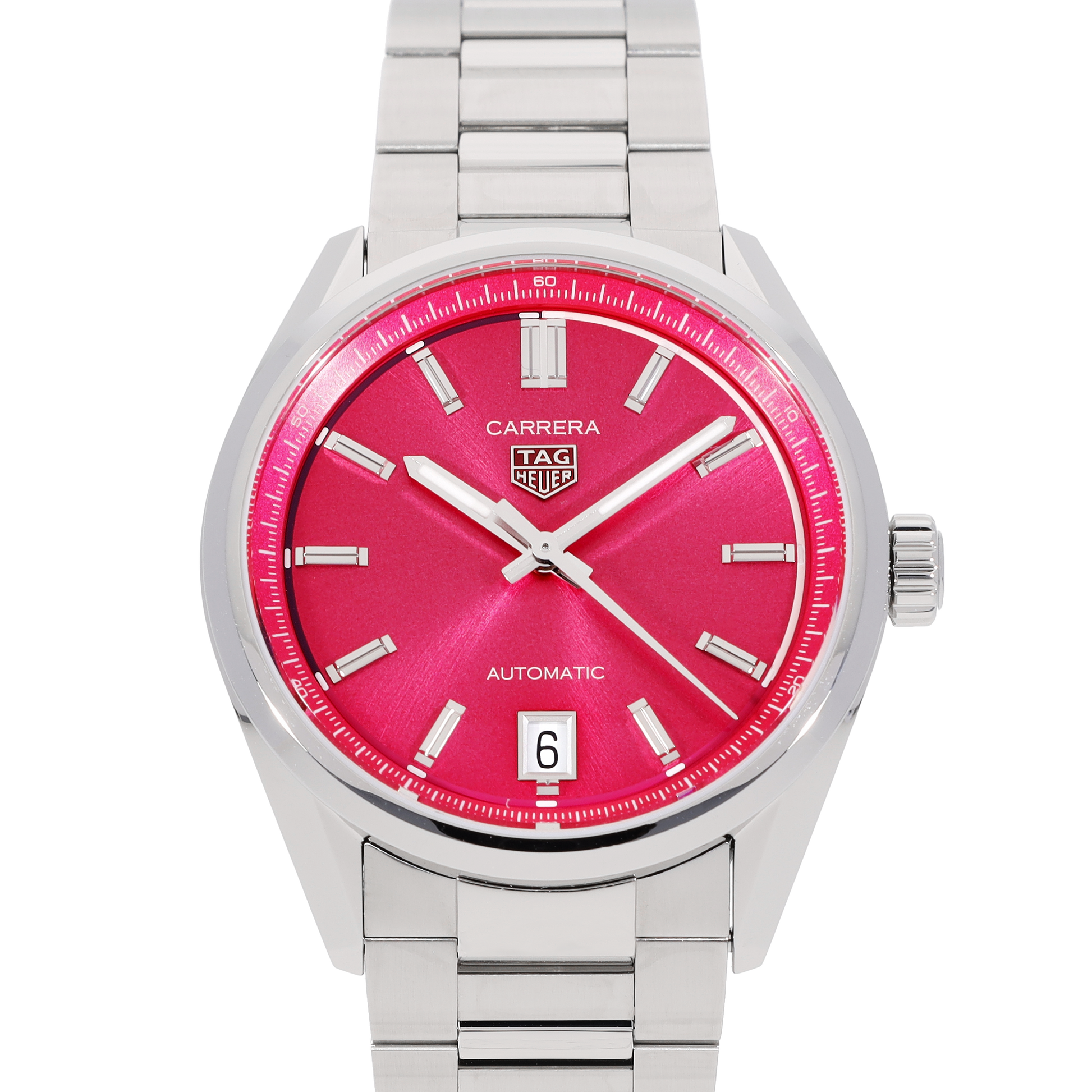 Tag Heuer Carrera Date Automatic 18K Pink Dial Silver Steel Strap Watch for Women - WBN2313.BA0001