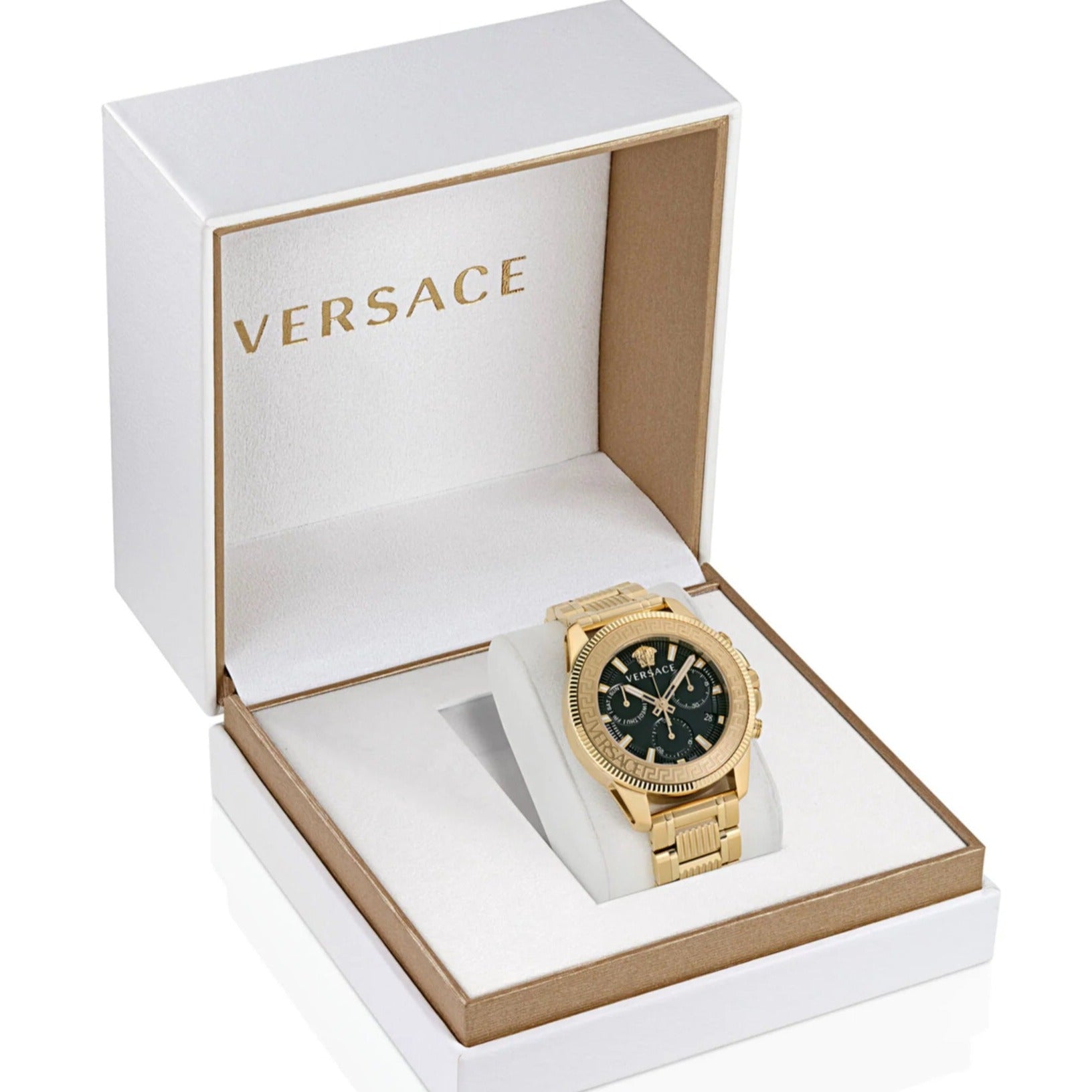  Shop Authentic Versace Greca Action Chronograph Black Dial Gold Steel Strap Watch For Men - VE3J00622 - Luxxuri