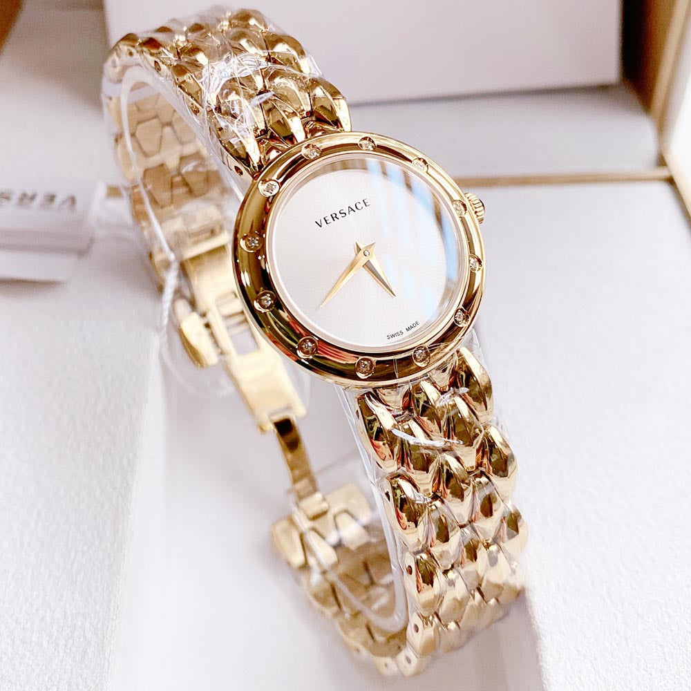  Shop Authentic Versace V-Flare Quartz Silver Dial Gold Steel Strap Watch for Women - VEBN00818 - Luxxuri