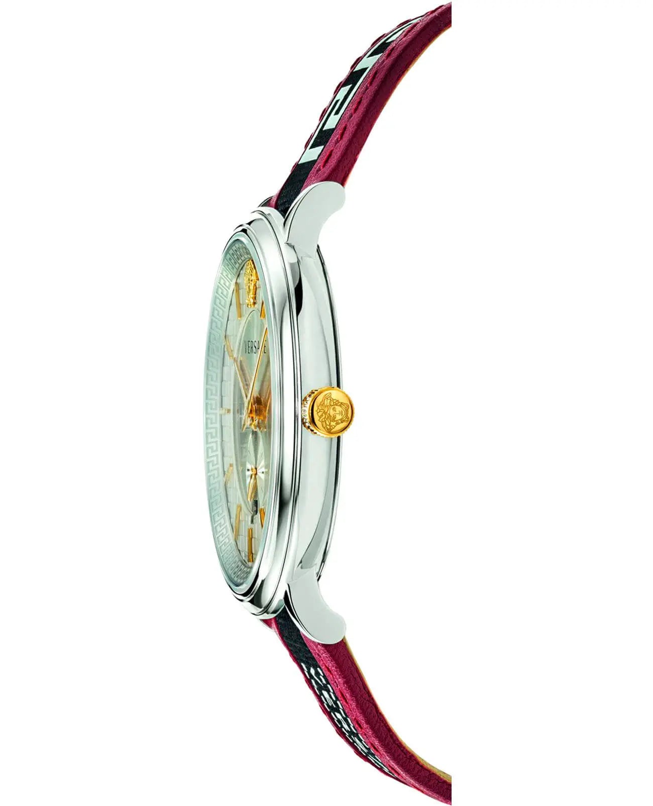  Shop Authentic Versace V Circle Silver Dial Two Tone Leather Strap Watch for Men - VEBQ01319 - Luxxuri