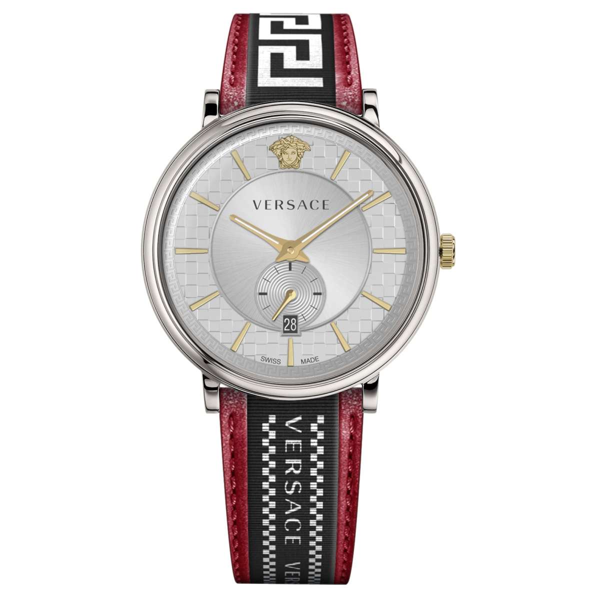  Shop Authentic Versace V Circle Silver Dial Two Tone Leather Strap Watch for Men - VEBQ01319 - Luxxuri