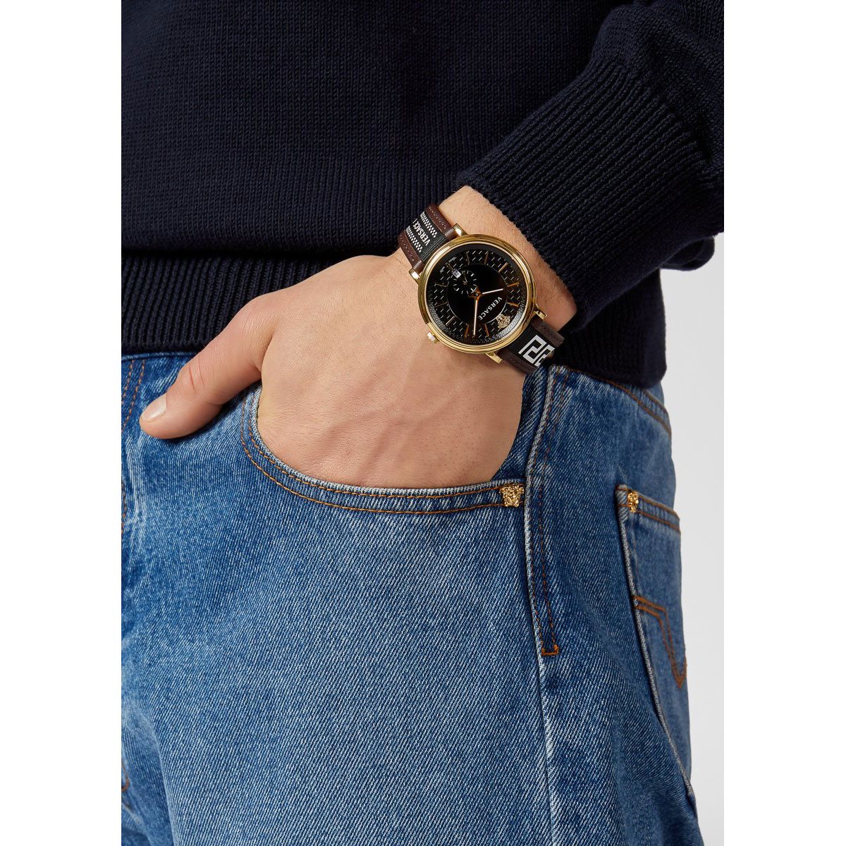  Shop Authentic Versace V-Circle Quartz Black Dial Brown Leather Strap Watch for Men - VEBQ01619 - Luxxuri