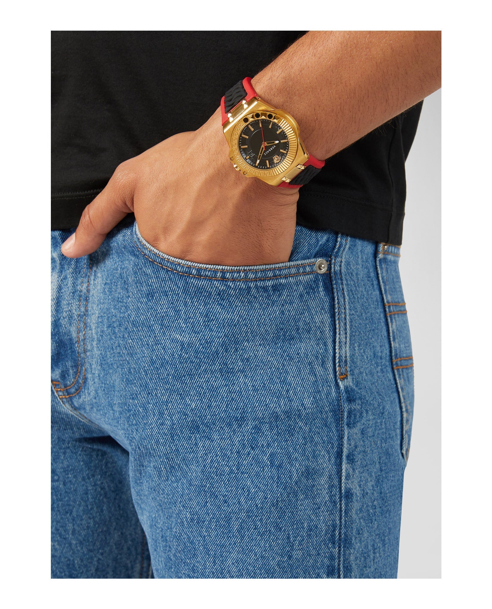  Shop Authentic Versace Chain Reaction Quartz Black Dial Red & Black Rubber Strap Watch for Men - VEDY00319 - Luxxuri