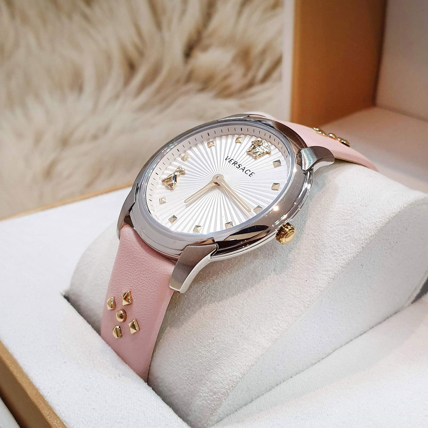  Shop Authentic Versace Audrey Quartz White Dial Pink Leather Strap Watch for Women - VELR00119 - Luxxuri