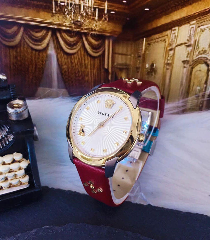  Shop Authentic Versace Audrey Quartz Silver Dial Red Leather Strap Watch for Women - VELR00219 - Luxxuri