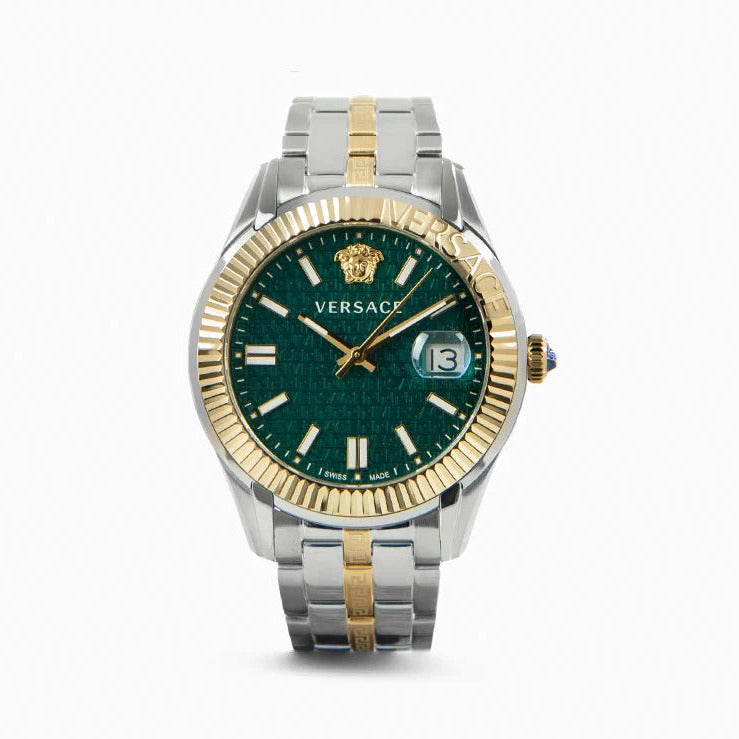  Shop Authentic Versace Greca Time Quartz Green Dial Two Tone Steel Strap Watch For Men - VE3K00422 - Luxxuri