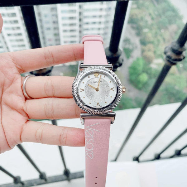  Shop Authentic Versace V-Motif Silver Dial Pink Leather Strap Watch for Women - VERE00118 - Luxxuri