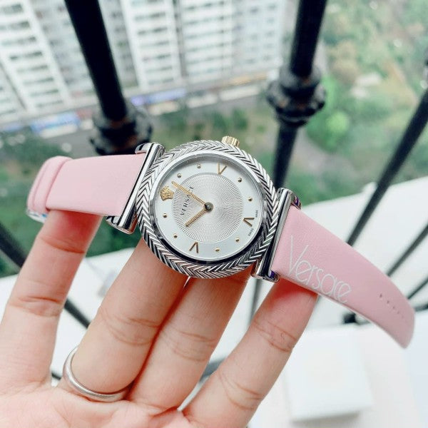  Shop Authentic Versace V-Motif Silver Dial Pink Leather Strap Watch for Women - VERE00118 - Luxxuri