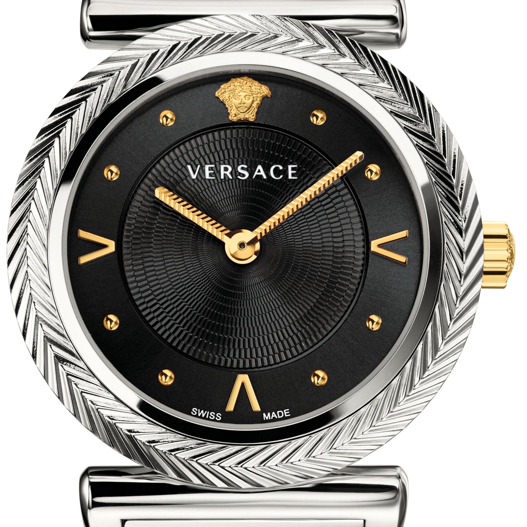  Shop Authentic Versace V-Motif Black Dial Two Tone Steel Strap Watch for Women - VERE00518 - Luxxuri