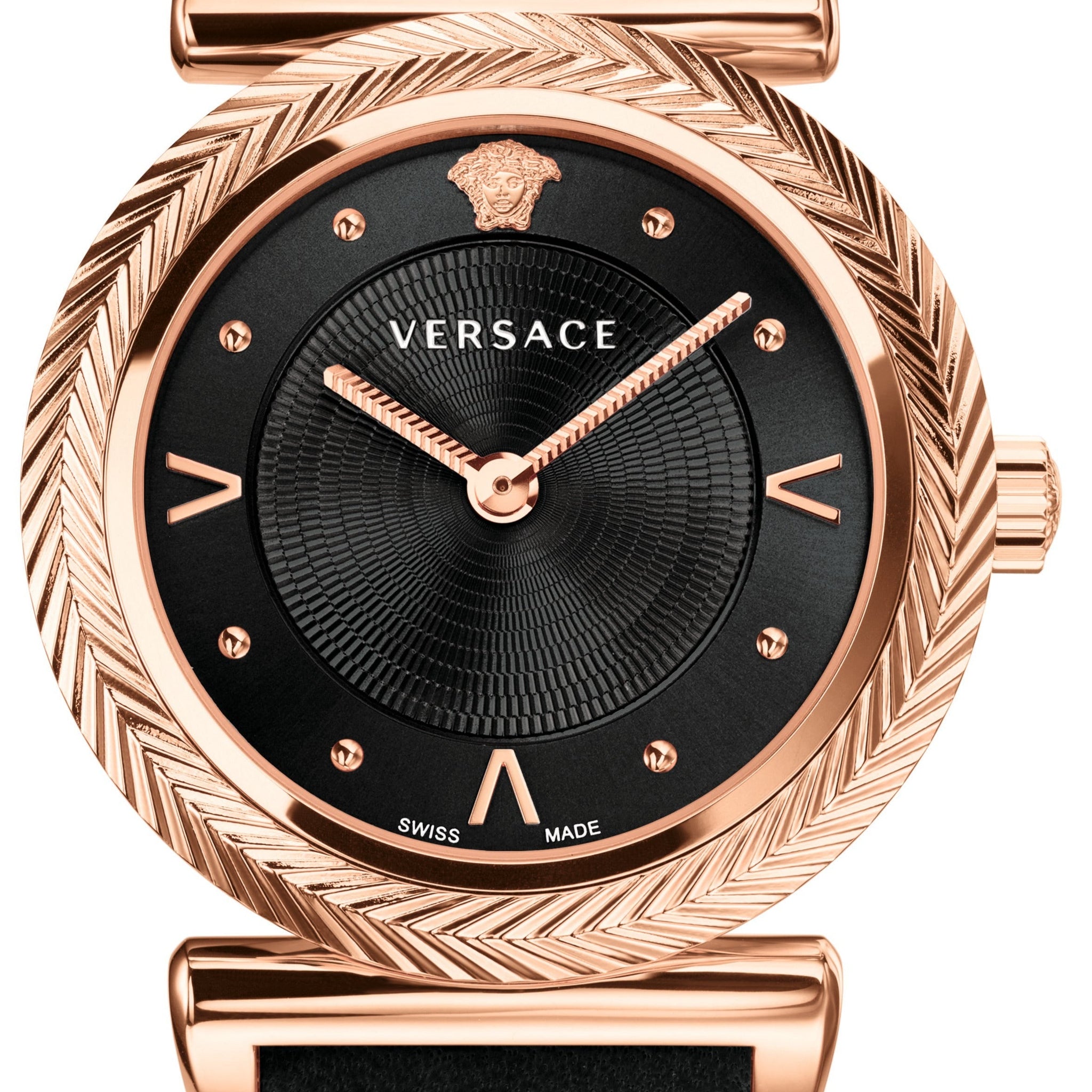  Shop Authentic Versace V-Motif Vintage Logo Black Dial Black Leather Strap Watch for Women - VERE00818 - Luxxuri