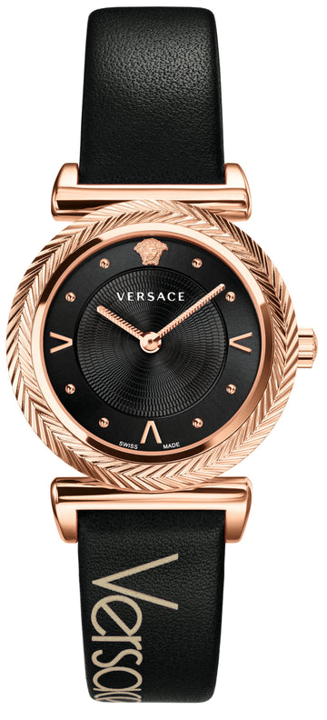  Shop Authentic Versace V-Motif Vintage Logo Black Dial Black Leather Strap Watch for Women - VERE00818 - Luxxuri