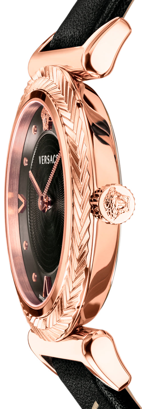  Shop Authentic Versace V-Motif Vintage Logo Black Dial Black Leather Strap Watch for Women - VERE00818 - Luxxuri