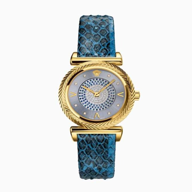  Shop Authentic Versace V-Motif Vintage Logo Diamonds Blue Dial Blue Leather Strap Watch for Women - VERE01018 - Luxxuri