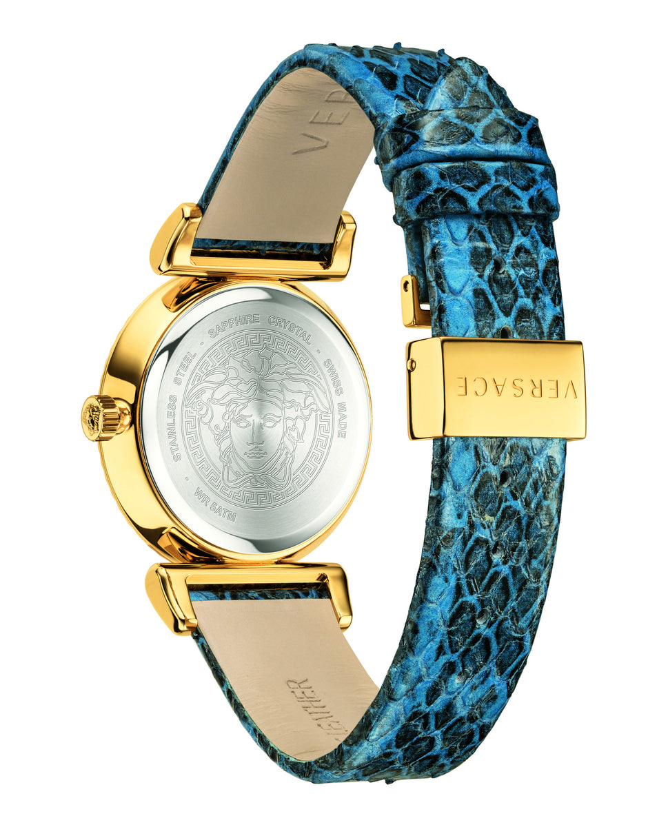  Shop Authentic Versace V-Motif Vintage Logo Diamonds Blue Dial Blue Leather Strap Watch for Women - VERE01018 - Luxxuri
