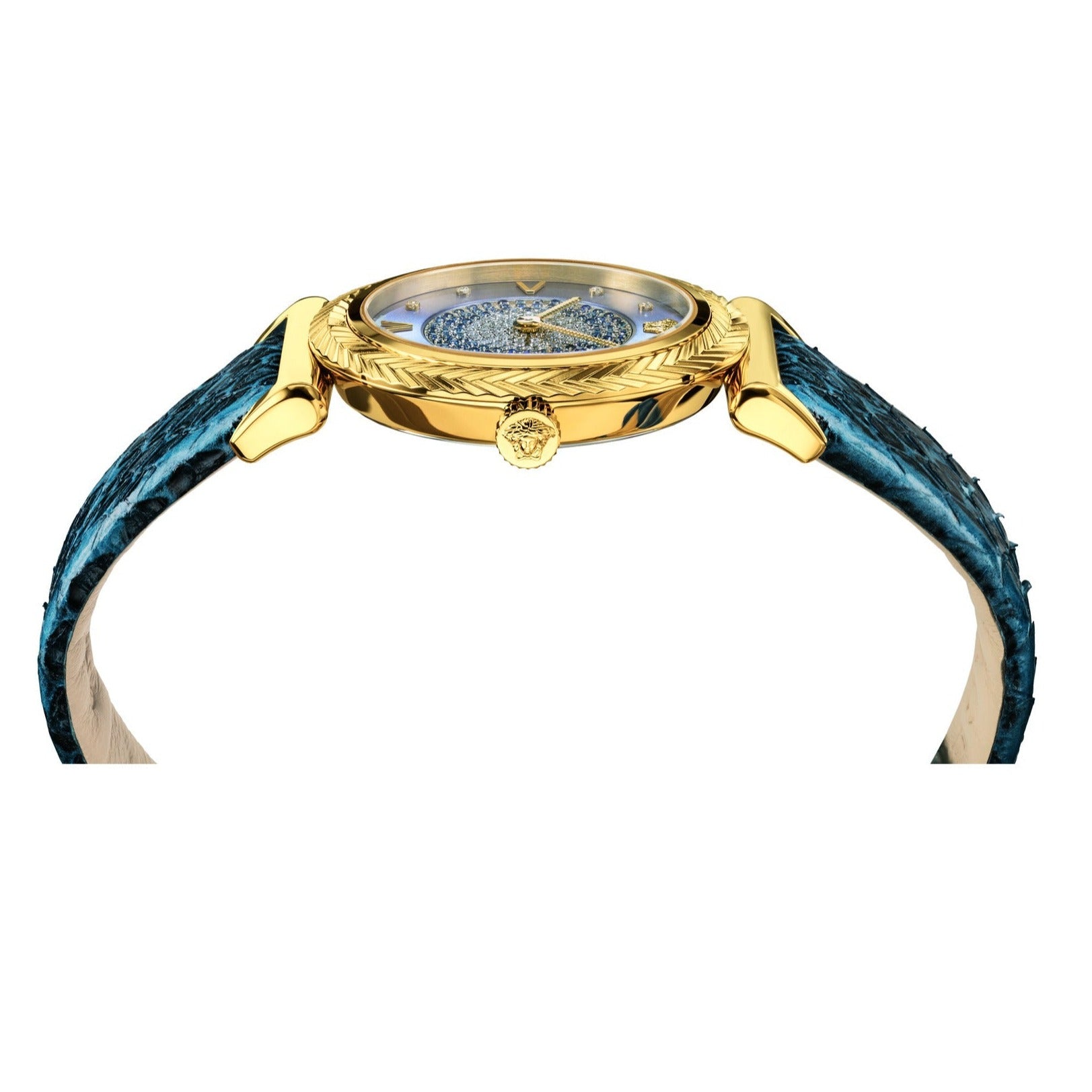  Shop Authentic Versace V-Motif Vintage Logo Diamonds Blue Dial Blue Leather Strap Watch for Women - VERE01018 - Luxxuri