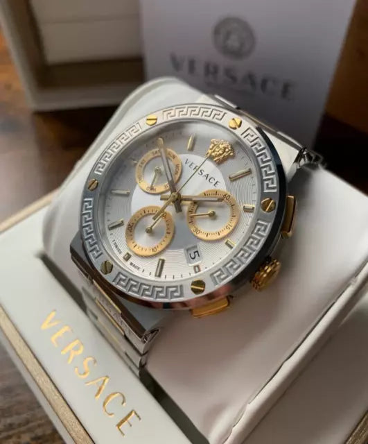  Shop Authentic Versace Greca Chronograph White Dial Two Tone Steel Strap Watch For Men - VEZ900321 - Luxxuri