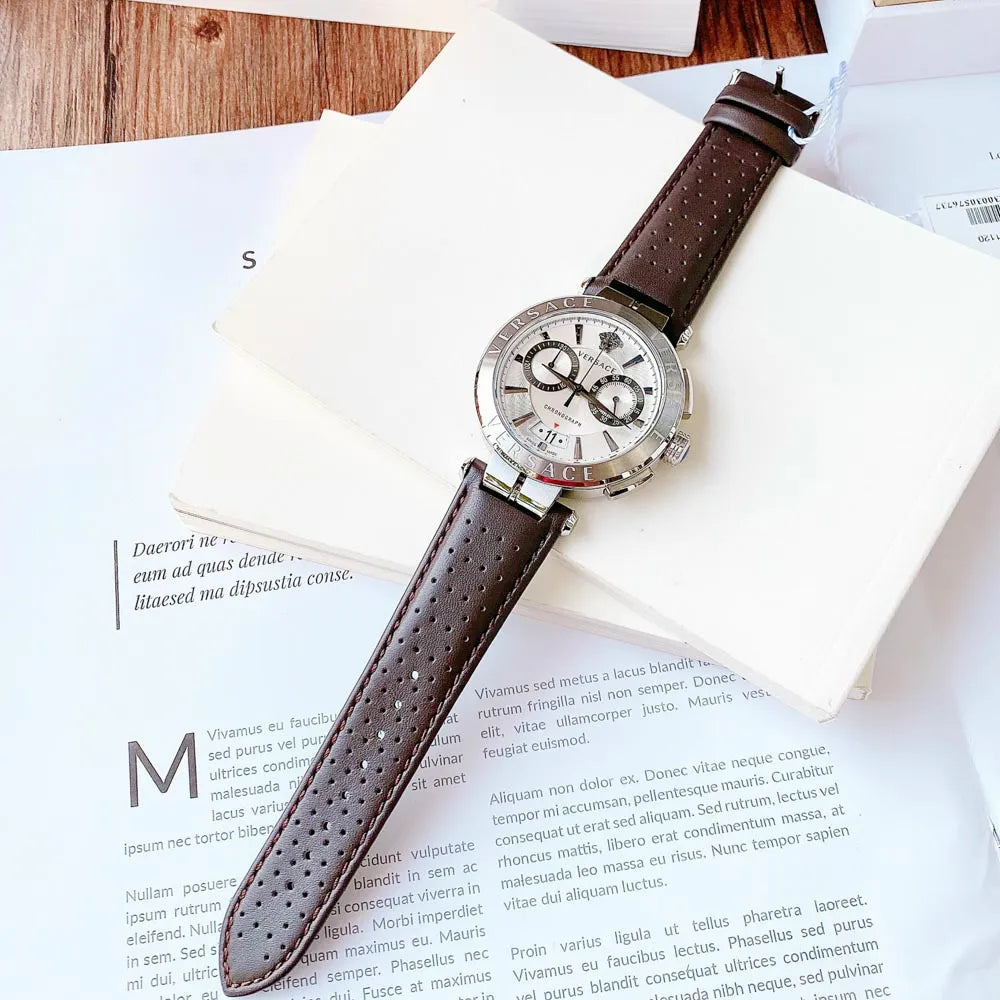  Shop Authentic Versace Aion Chronograph White Dial Brown Leather Strap Watch for Men - VBR010017 - Luxxuri