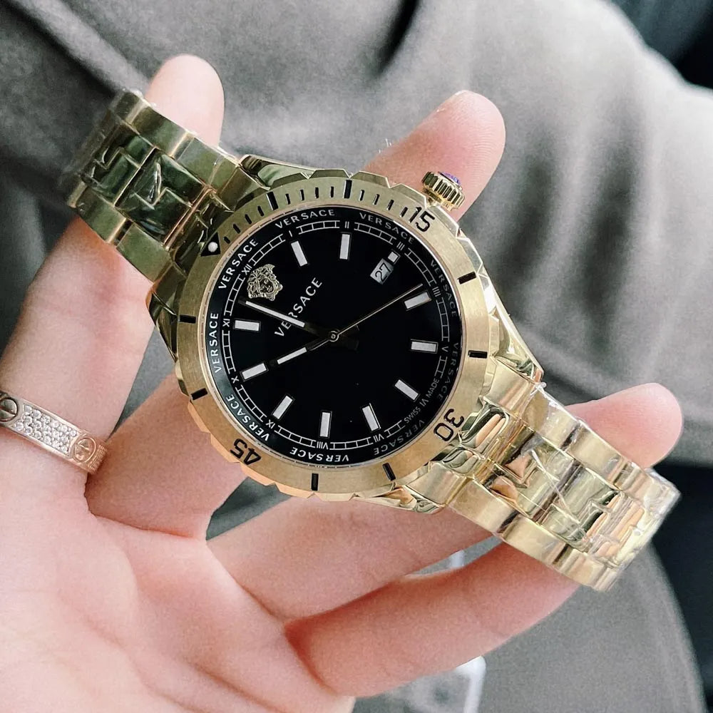  Shop Authentic Versace Hellenyium Quartz Black Dial Gold Steel Strap Watch For Men - VE3A00820 - Luxxuri