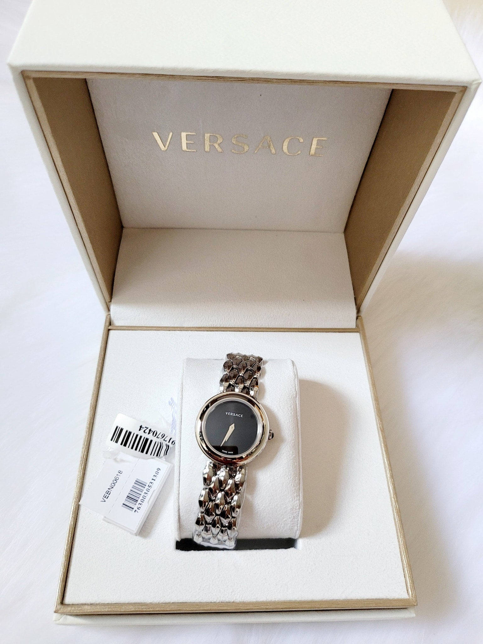 Versace V-Flare Quartz Black Dial Silver Steel Strap Watch for Women - VEBN00618