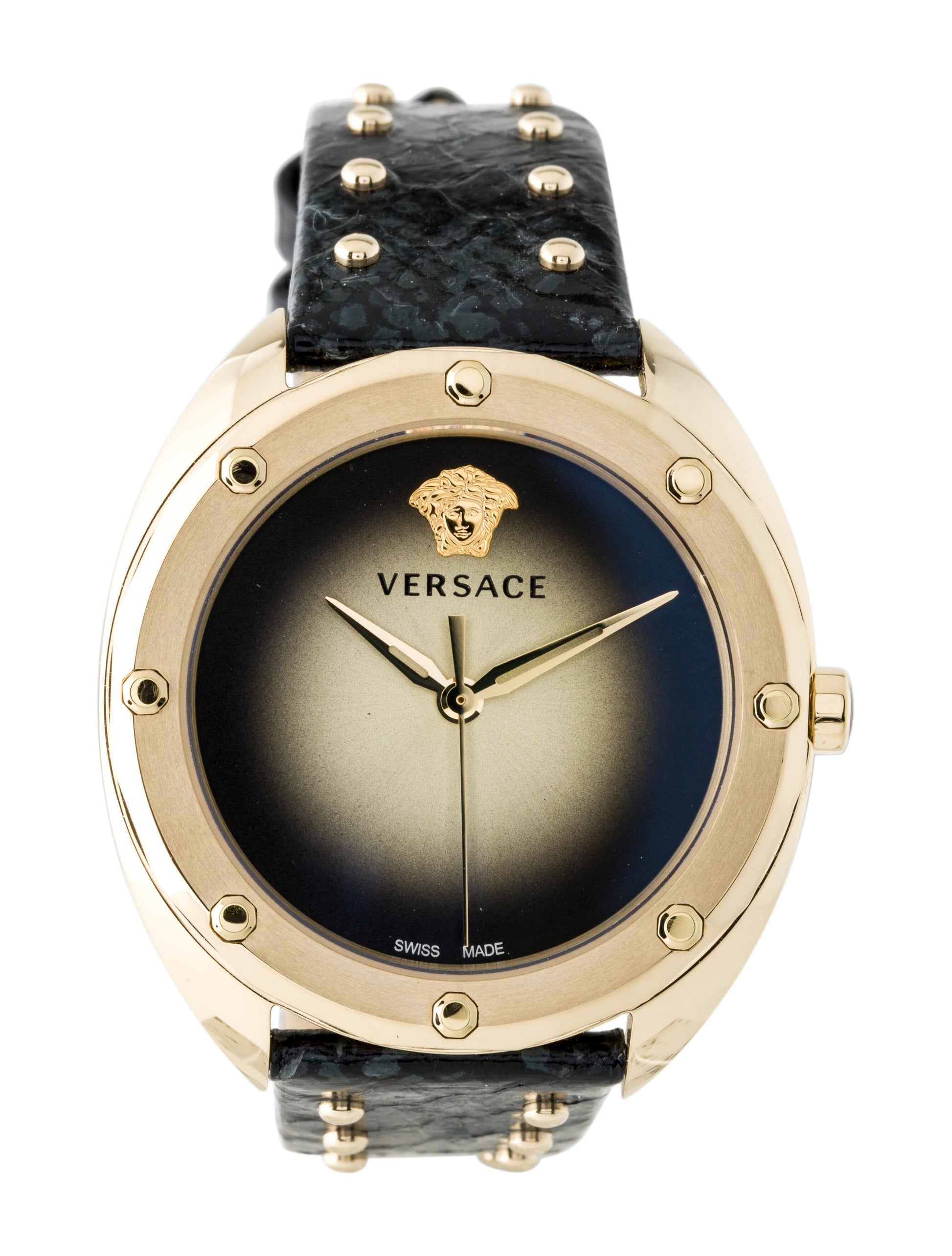  Shop Authentic Versace Shadov Quartz Gold Dial Black Leather Strap Watch for Women - VEBM00318 - Luxxuri