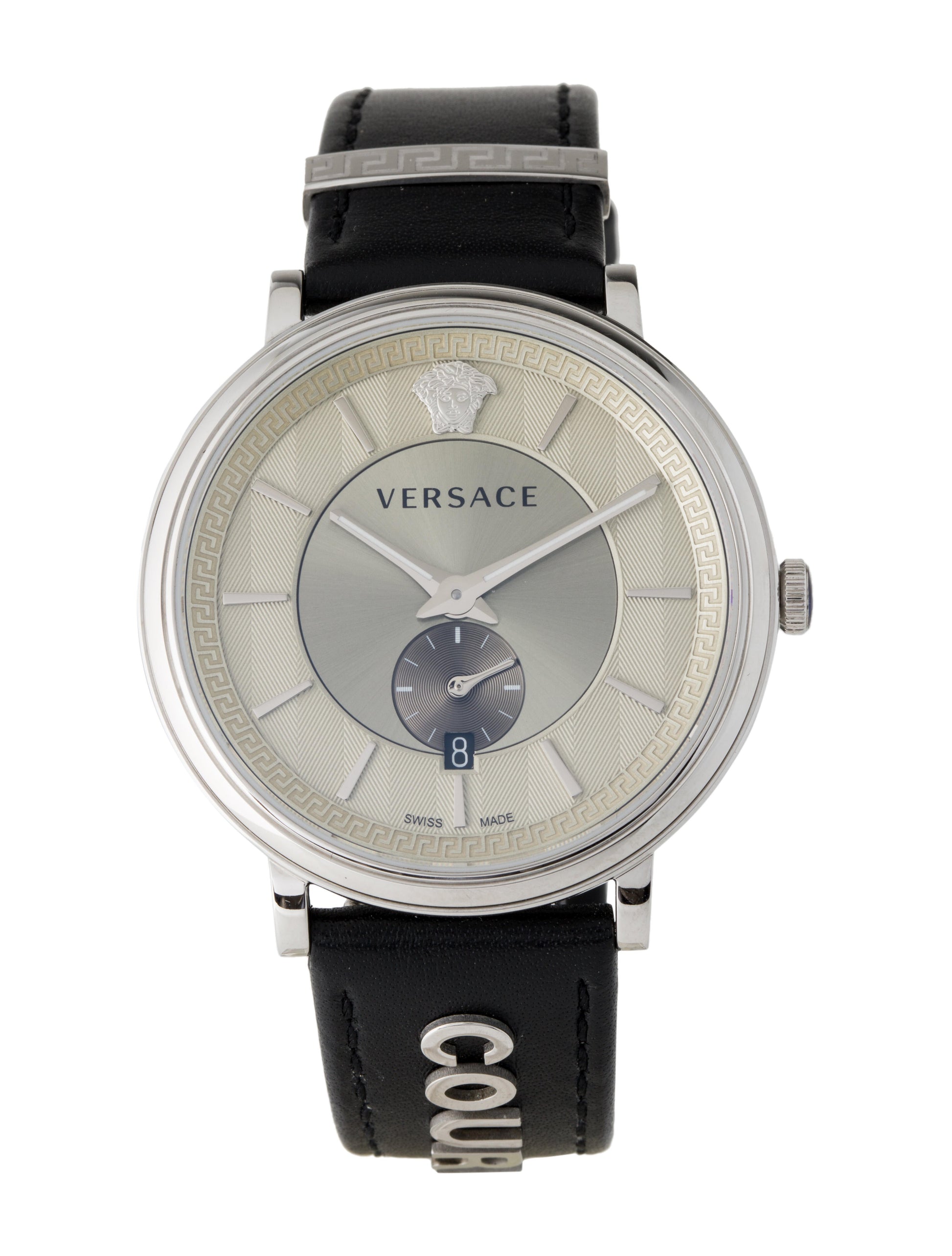  Shop Authentic Versace V-Circle Black Manifesto Courage Quartz Silver Dial Black Leather Strap Watch for Men - VBQ080017 - Luxxuri