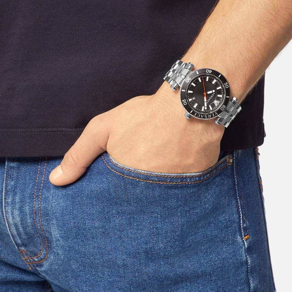  Shop Authentic Versace Greca Sport Quartz Black Dial Silver Steel Strap Watch For Men - VEZ300321 - Luxxuri