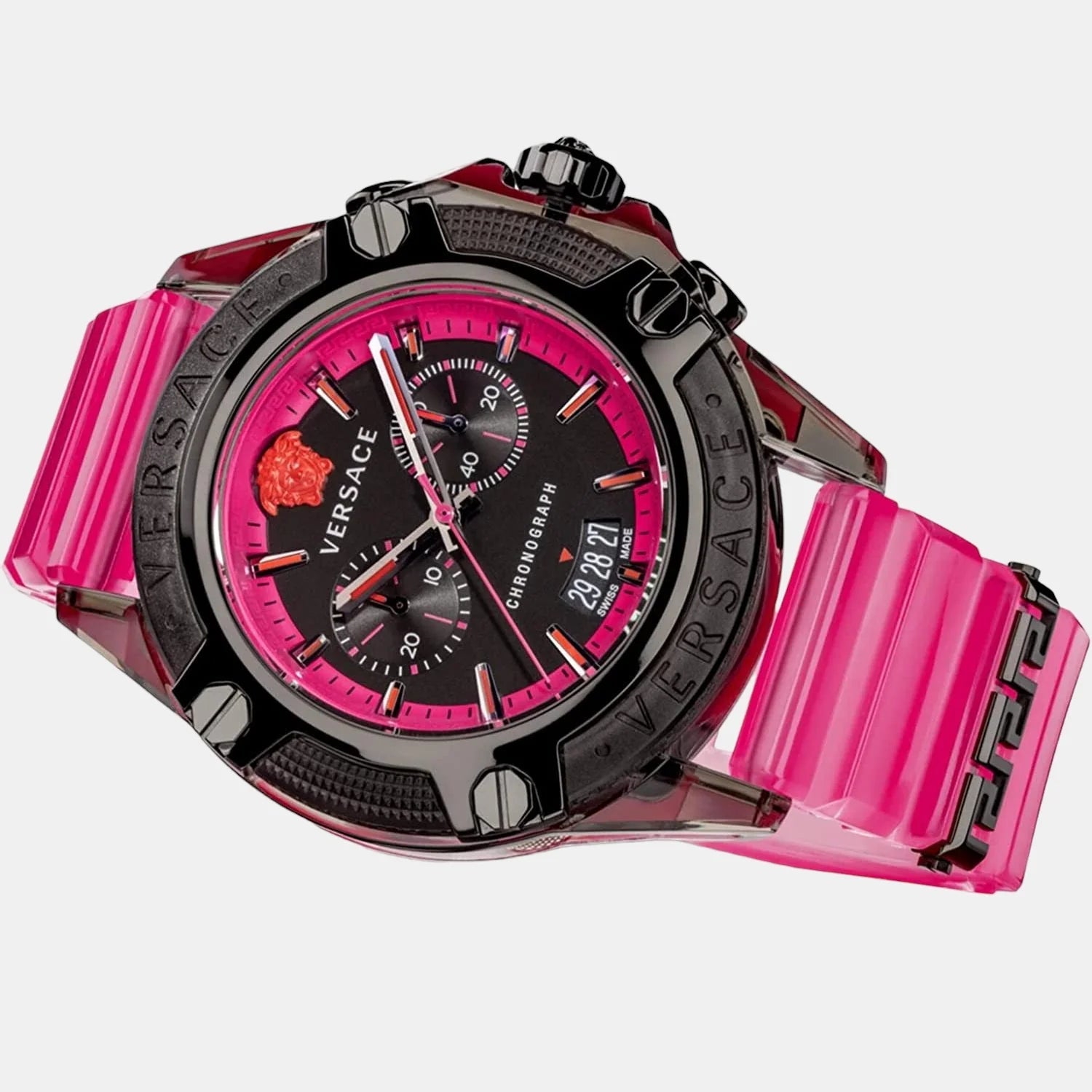  Shop Authentic Versace Icon Active Chronograph Quartz Black Dial Pink Rubber Strap Watch For Men - VEZ700221 - Luxxuri