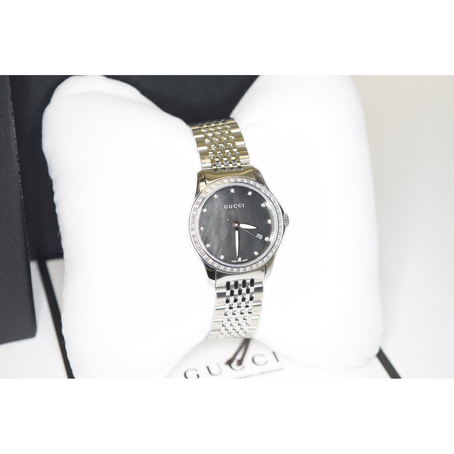  Shop Authentic Gucci G Timeless Diamonds Mother of Pearl Black Dial Silver Mesh Bracelet Watch For Women - YA126507 - Luxxuri