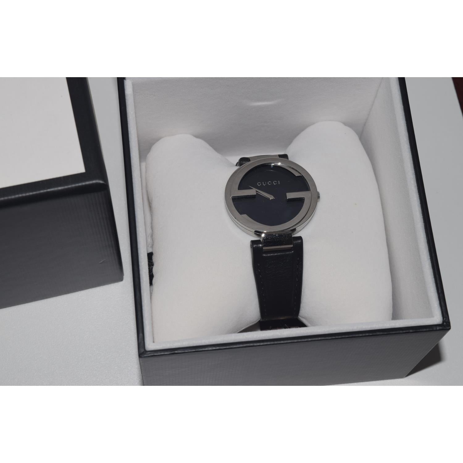  Shop Authentic Gucci G Interlocking Black Dial Black Leather Strap Watch For Women - YA133301 - Luxxuri