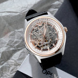  Shop Authentic Emporio Armani Zeta Skeleton Automatic Silver Dial Black Leather Strap Watch For Men - AR60018 - Luxxuri