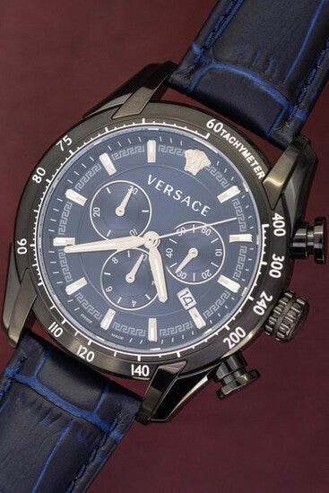  Shop Authentic Versace V-Ray Chronograph Quartz Blue Dial Black Leather Strap Watch For Men - VEDB00418 - Luxxuri