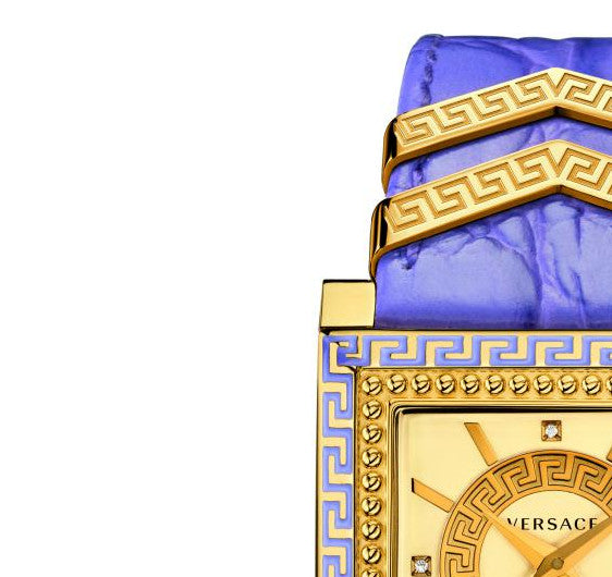 Versace Day Glam Chronograph Gold Dial Purple Leather Strap Watch for Women - VQF040015