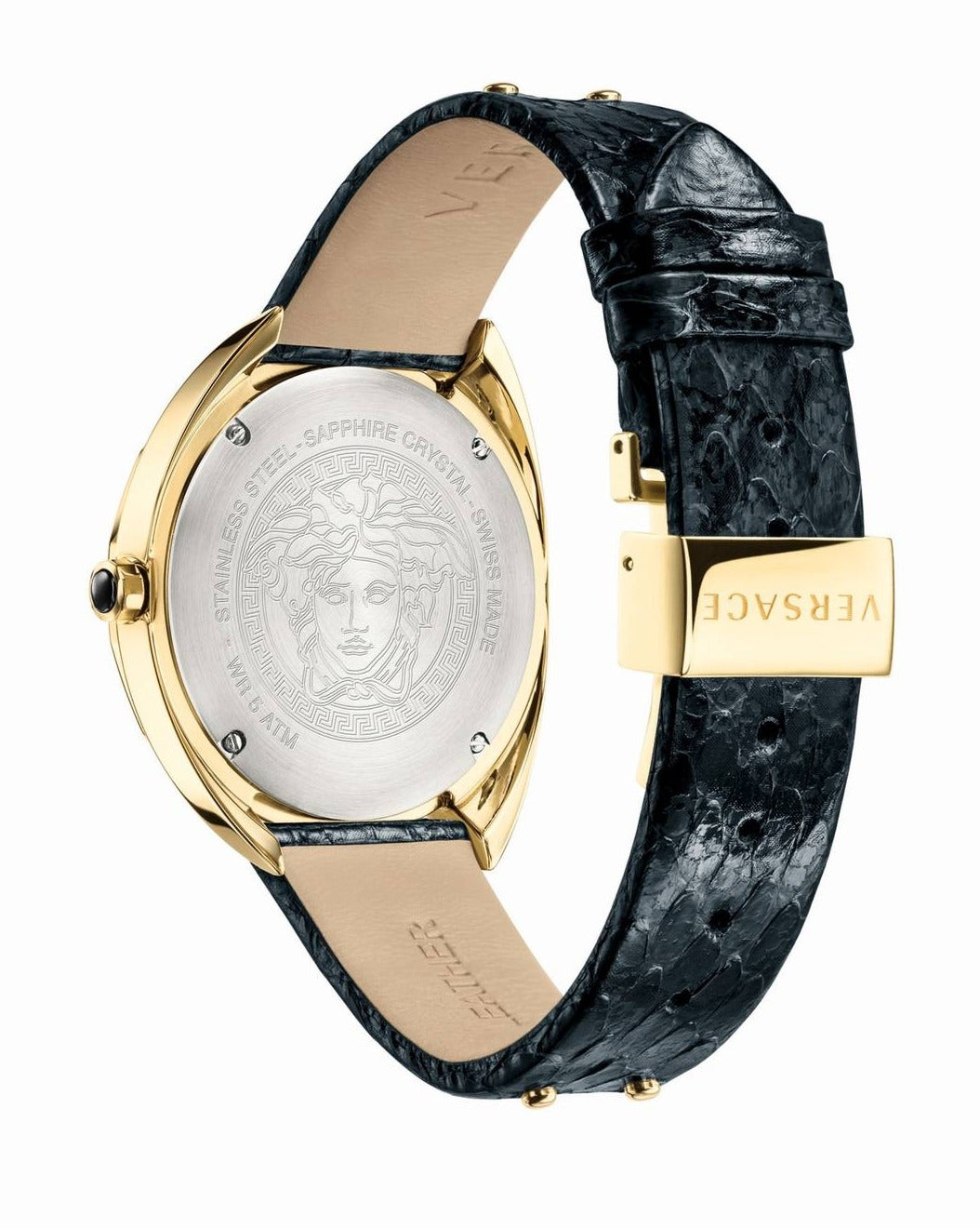  Shop Authentic Versace Shadov Quartz Gold Dial Black Leather Strap Watch for Women - VEBM00318 - Luxxuri