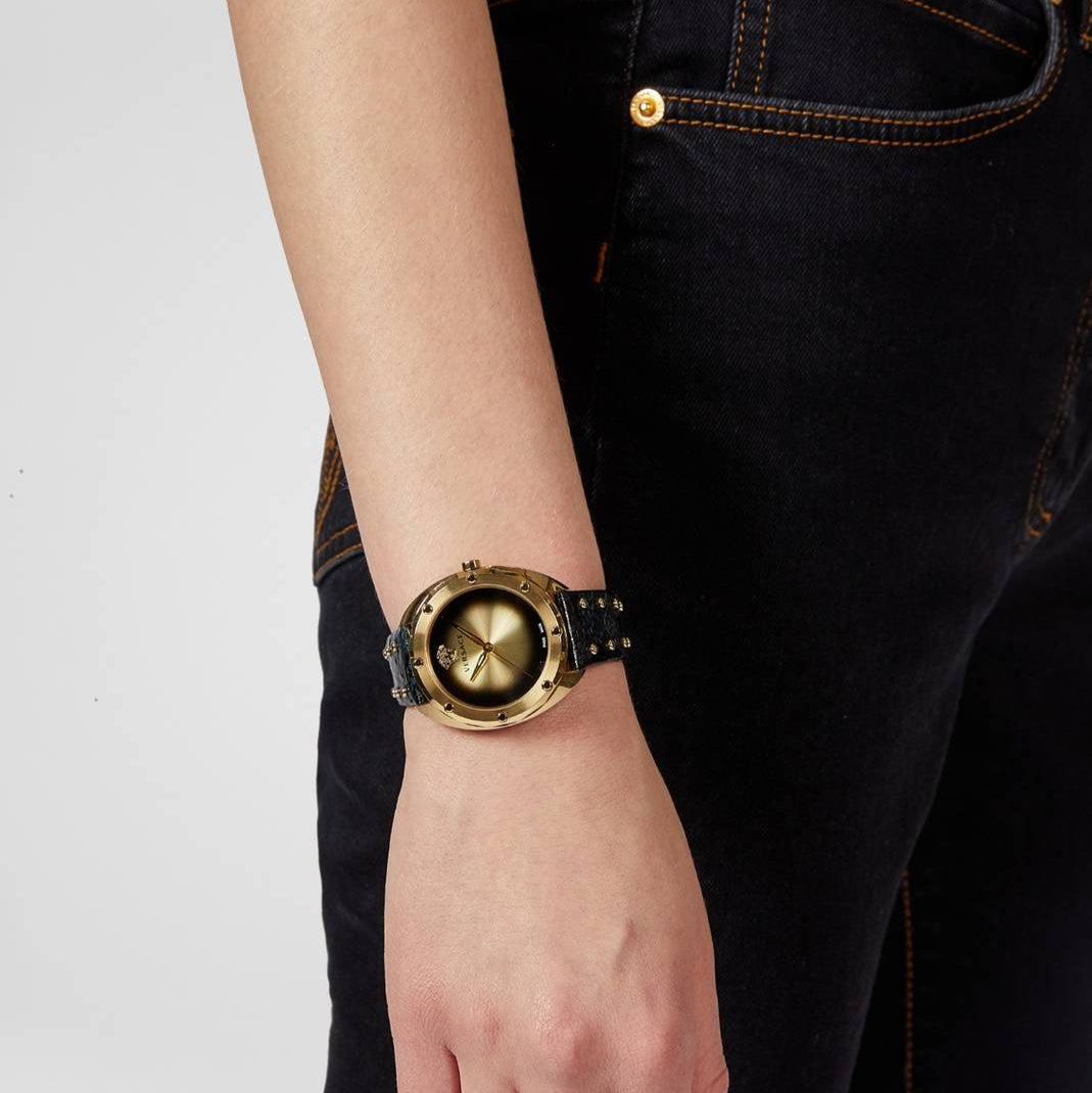  Shop Authentic Versace Shadov Gold Dial Green Leather Strap Watch For Women - VEBM01018 - Luxxuri