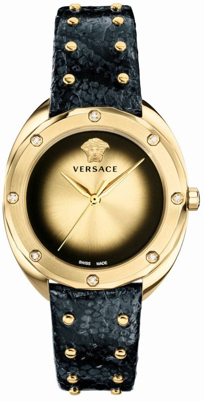  Shop Authentic Versace Shadov Quartz Gold Dial Black Leather Strap Watch for Women - VEBM01118 - Luxxuri