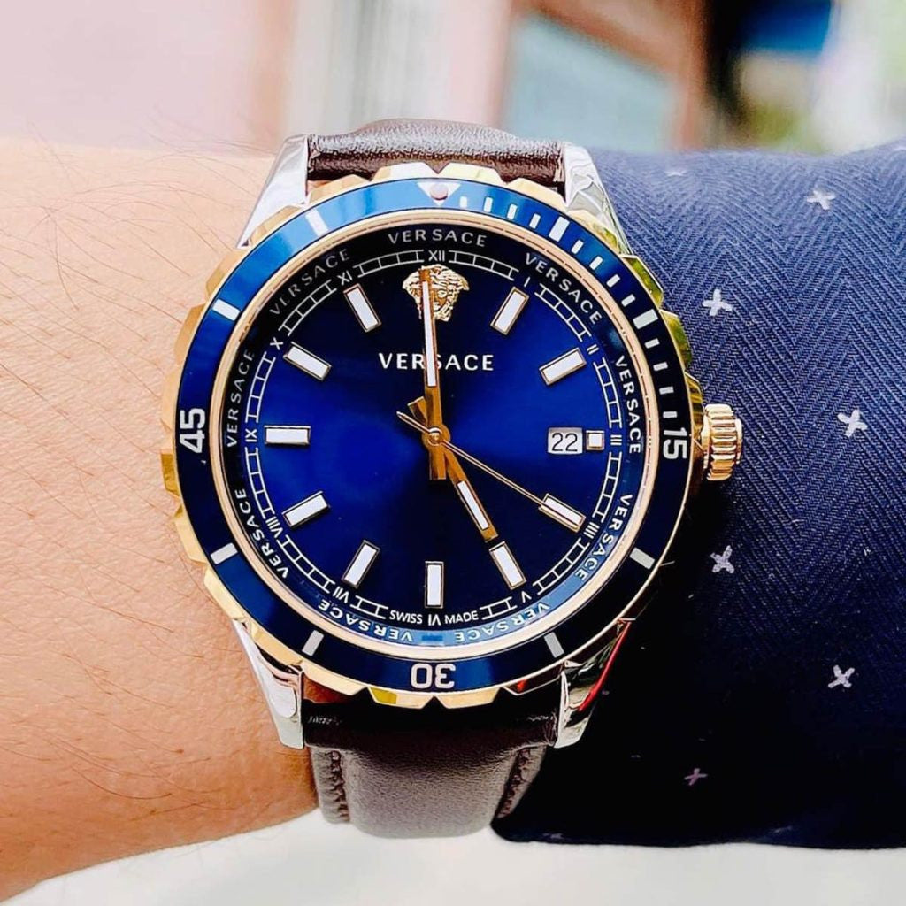  Shop Authentic Versace Hellenyium GMT Blue Dial Brown Leather Strap Watch for Men - V11080017 - Luxxuri