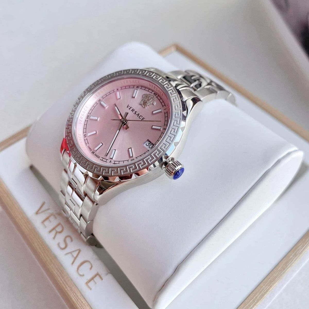  Shop Authentic Versace Hellenyium Pink Dial Silver Steel Strap Watch for Women - V12010015 - Luxxuri