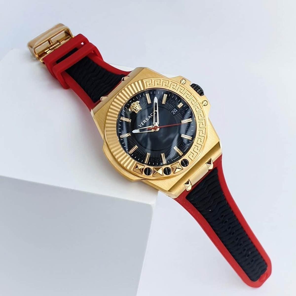  Shop Authentic Versace Chain Reaction Quartz Black Dial Red & Black Rubber Strap Watch for Men - VEDY00319 - Luxxuri