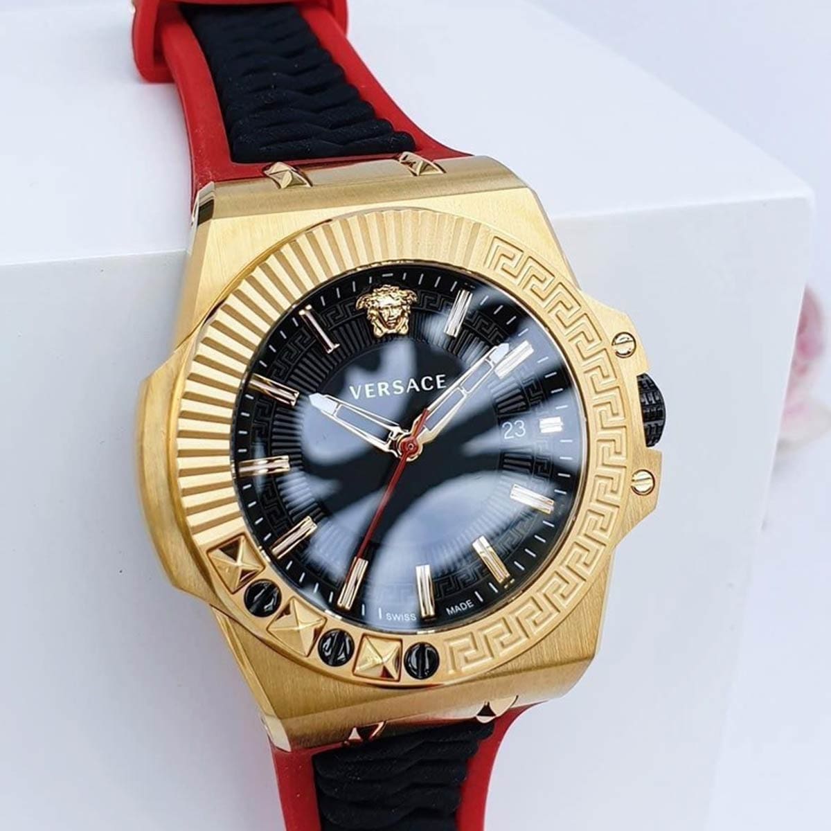 Shop Authentic Versace Chain Reaction Quartz Black Dial Red & Black Rubber Strap Watch for Men - VEDY00319 - Luxxuri