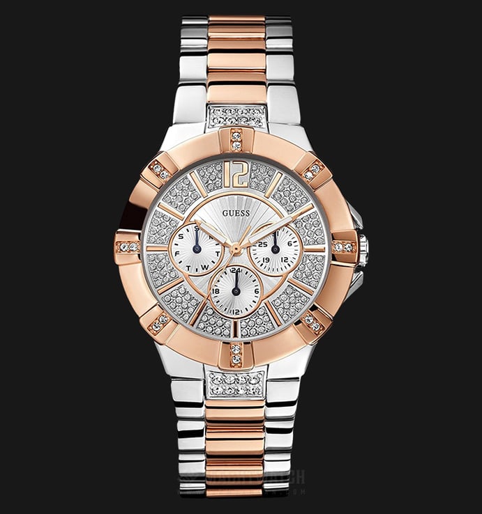  Shop Authentic Guess Vista Analog Diamonds Silver Dial Two Tone Steel Strap Watch for Women - W0024L1 - Luxxuri
