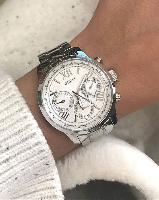  Shop Authentic Guess Sunrise Multifunction Quartz White Dial Silver Steel Strap Watch For Women - W0330L3 - Luxxuri