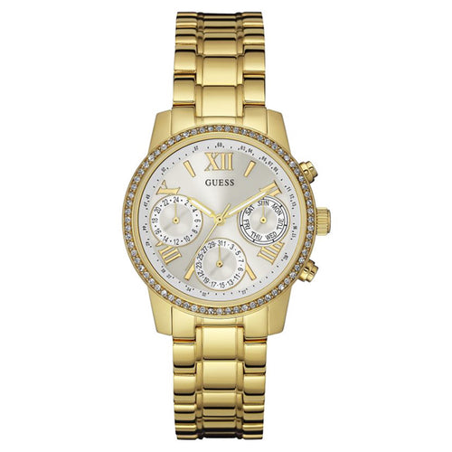  Shop Authentic Guess Mini Sunrise Diamonds Silver Dial Gold Steel Strap Watch for Women - W0623L3 - Luxxuri