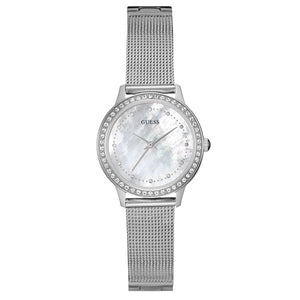  Shop Authentic Guess Chelsea Mother of Pearl White Dial Silver Mesh Strap Watch For Women - W0647L1 - Luxxuri