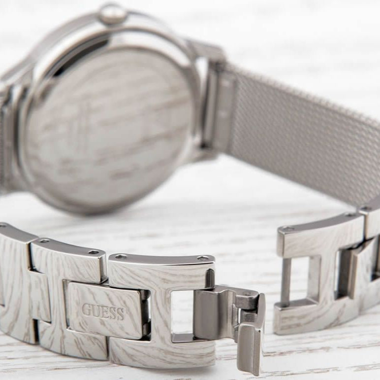 Guess Chelsea Crystals Black Dial Silver Mesh Bracelet Watch For Women  - W0647L5