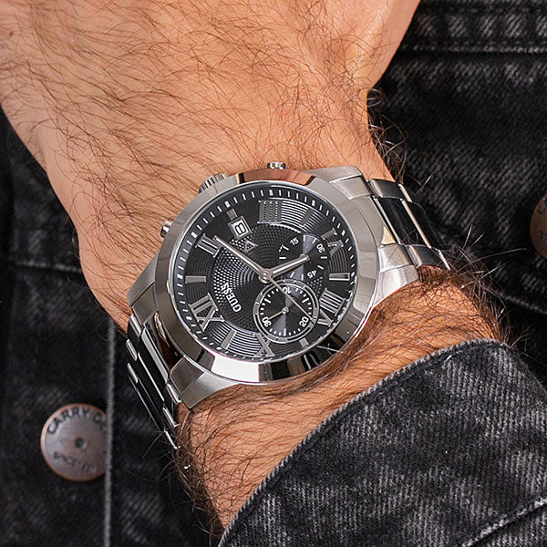  Shop Authentic Guess Atlas Chronograph Black Dial Silver Steel Strap Watch For Men - W0668G3 - Luxxuri