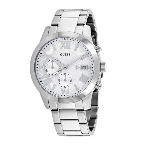  Shop Authentic Guess Atlas Chronograph Silver Dial Silver Steel Strap Watch For Men - W0668G7 - Luxxuri