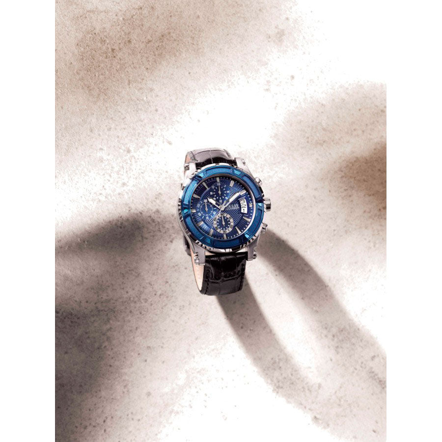  Shop Authentic Guess Pinnacle Chronograph Quartz Blue Dial Black Leather Strap Watch For Men - W0673G4 - Luxxuri